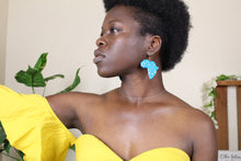 Load image into Gallery viewer, Shape of Africa earrings - Turquoise blue and gold Africa shaped clay earrings