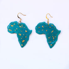 Load image into Gallery viewer, Shape of Africa earrings - Turquoise blue and gold Africa shaped clay earrings