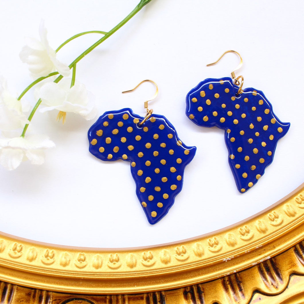 Shape of Africa clay earrings - Navy blue and gold polka dot African jewelry