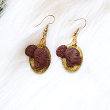Load image into Gallery viewer, Afrocentric African woman Afro earrings / Gold clay cameo earrings