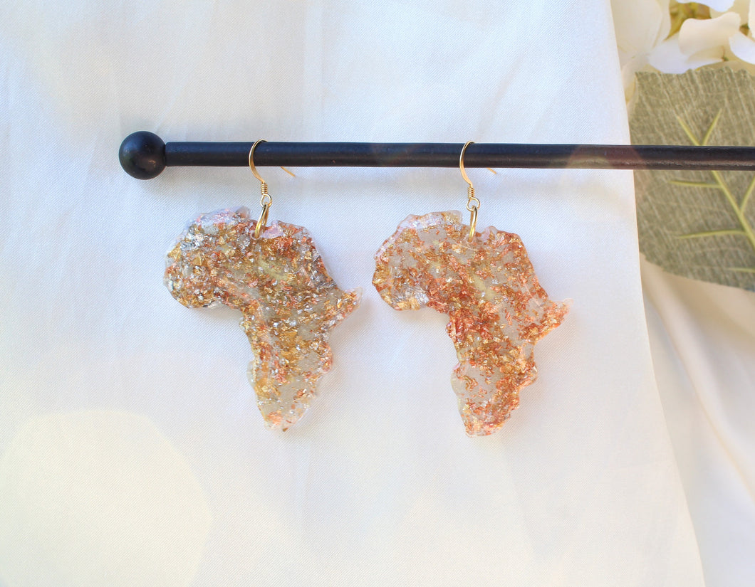 Africa earrings- Gold, silver, and copper flakes